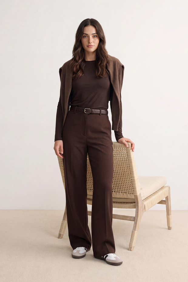 Koyu Kahverengi Geniş Paça Wide Leg Bootcut Dokuma Kumaş Pantolon TWOAW21PL0332 - 6