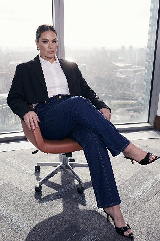 Koyu Mavi Yüksek Bel Düğme Detaylı Comfort/Esnek Wideleg/Geniş Paça Büyük Beden Jeans TBBSS26CJ00008 - 3