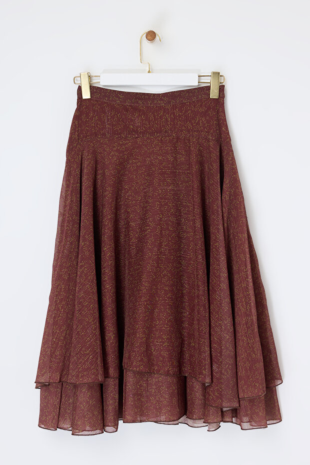 Tile Patterned Slim Fit Glittery Arched Layered Long Chiffon Skirt Tdrss26Et00018
