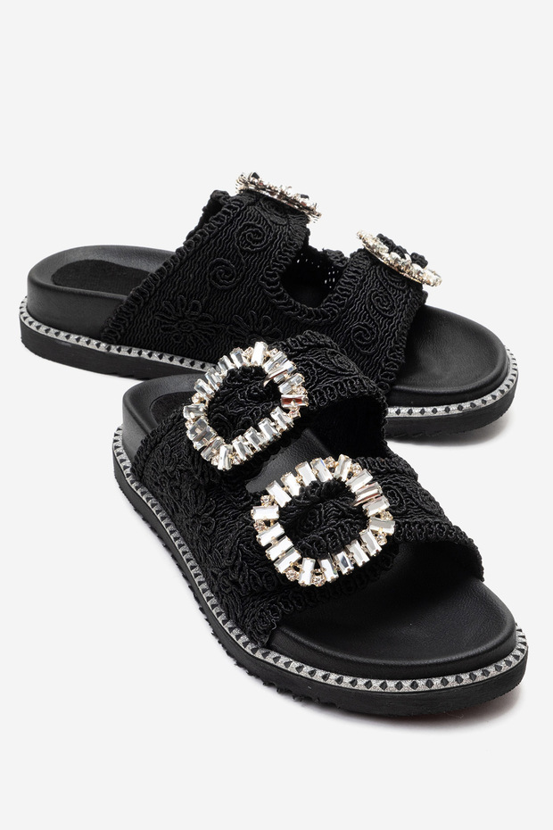 Dungeon Black Knitted Double-Strapped Stone Buckle Women's Slippers