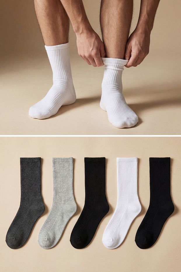 Gri Unisex 5'li Paket Pamuklu Dokulu Kolej/Orta Boy Çorap TMNAW25CO00011 - 3