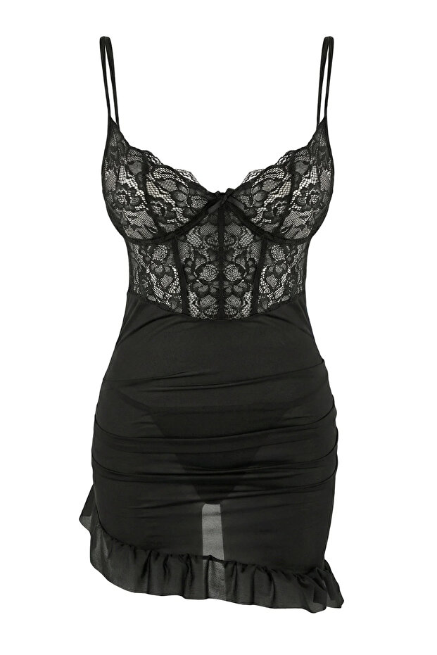 Siyah Büzgülü İp Askılı Külotlu Babydoll/Fantezi Gecelik THMAW26LL00014 - 2