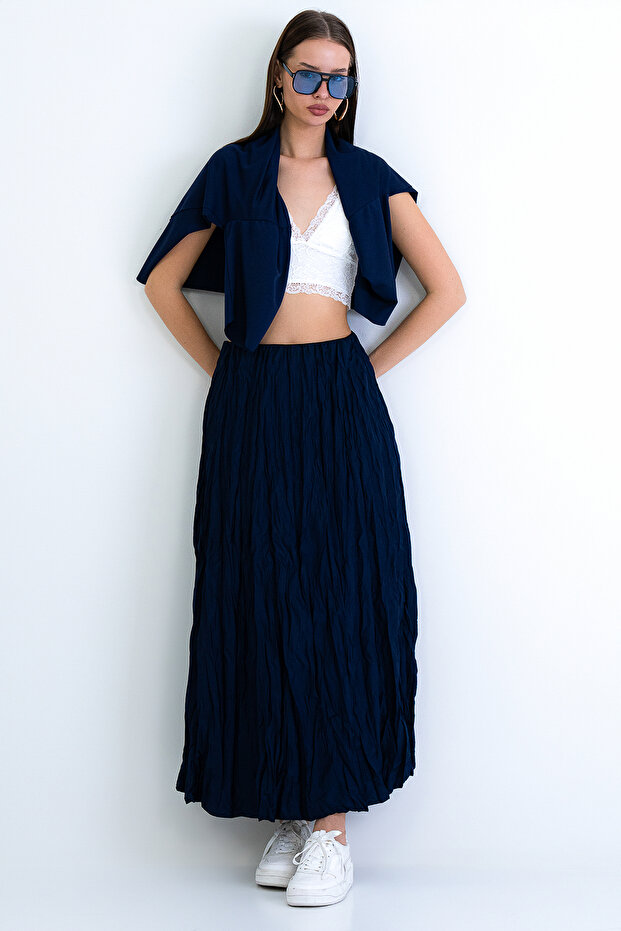 Navy Blue Soft Crush Textured Midi Skirt Alc-X15225