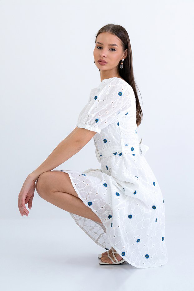 Navy Blue Watermelon Sleeve Lined Embroidered Scallop Woven Dress Alc-X15177