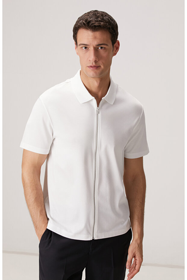 Beyaz N-Tech Fermuarlı Örme Gömlek - 2