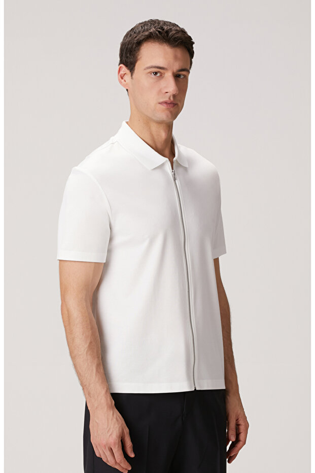 Beyaz N-Tech Fermuarlı Örme Gömlek - 4