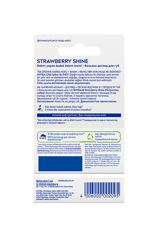 Çilek Renkli Dudak Bakım Kremi ve Parlatıcısı 4.8gr, Nemlendirici, Hafif Kırmızı Işıltı - 4