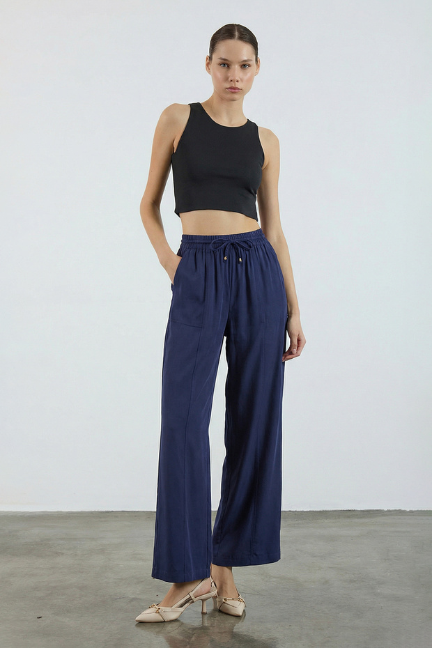 Lacivert Beli Lastikli Wide Leg/Geniş Paça Viskon Pantolon TWOSS25PL00123 - 2