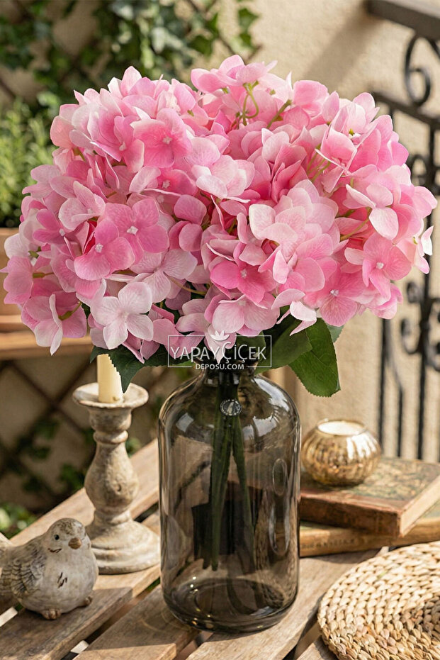 Artificial Flower 5 Branches Wet Cornales Veined Hydrangea Bunch 45 cm Pink