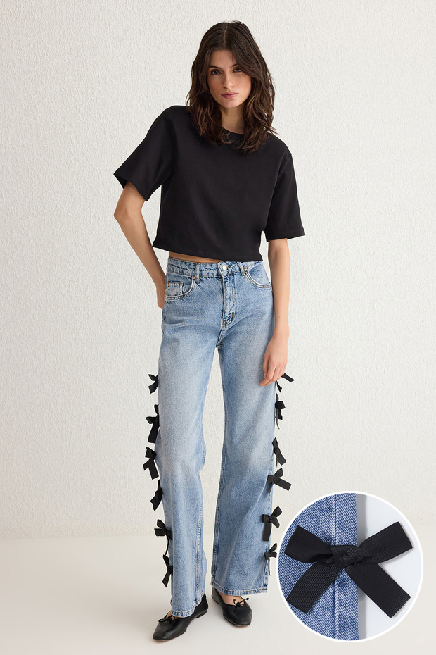 Mavi Kurdele/Fiyonk Detaylı Normal Bel Wide Leg Geniş Paça %100 Pamuk Jeans TWOSS25JE00035 - 1
