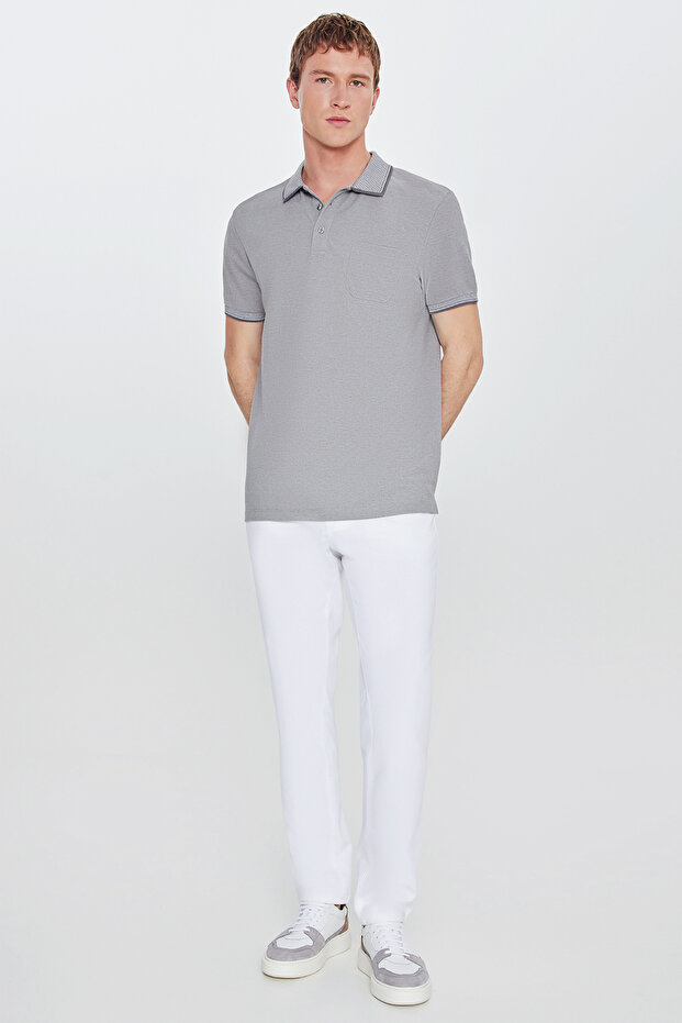 Erkek Çekmeyen Pamuklu Kumaş Regular Fit Rahat Kesim Gri Kıvrılmaz Polo Yaka Cepli Tişört - 6