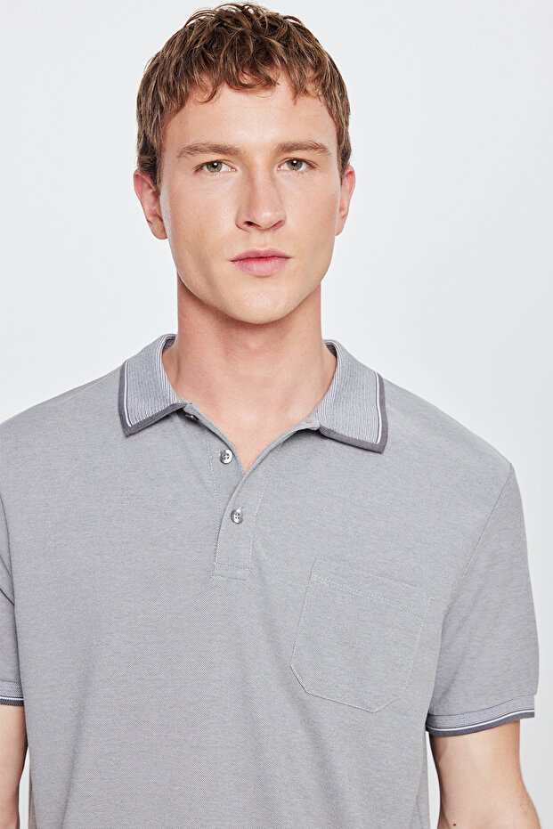 Erkek Çekmeyen Pamuklu Kumaş Regular Fit Rahat Kesim Gri Kıvrılmaz Polo Yaka Cepli Tişört - 5