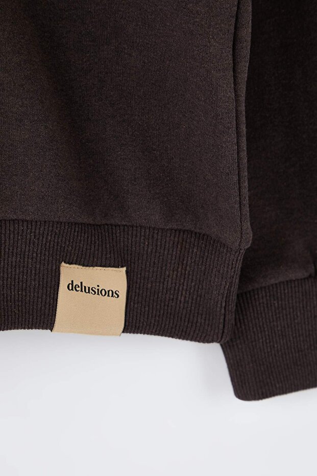 Koyu Kahverengi Oversize/Geniş Dik Yaka Fermuarlı Etiketli İçi Polarlı Sweatshirt TMNAW25SW00168 - 8
