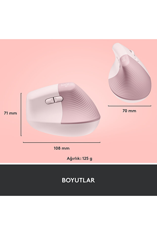 Lift Sessiz Kablosuz Ergonomik Dikey Mouse, Pembe 910-006478 - 12