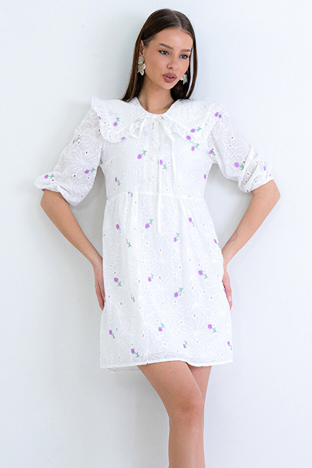 Lilac Baby Collar, Scallop and Embroidered Lined Mini Dress Alc-X15188