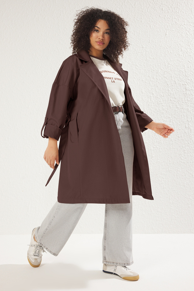 Kahverengi Oversize Büyük Beden Trençkot TBBSS25BM00001 - 4