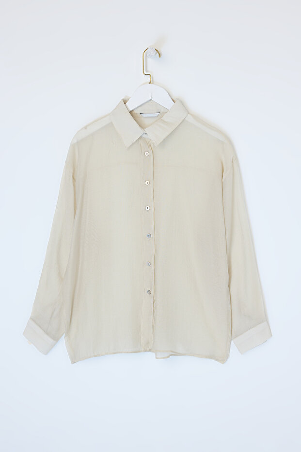 Bej İnce Kumaş Oversize Transparan Gömlek TDRSS26GO00015 - 5