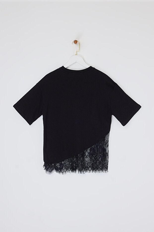 Siyah Eteği Dantelli Detaylı T-Shirt TDRSS26TS00012 - 5