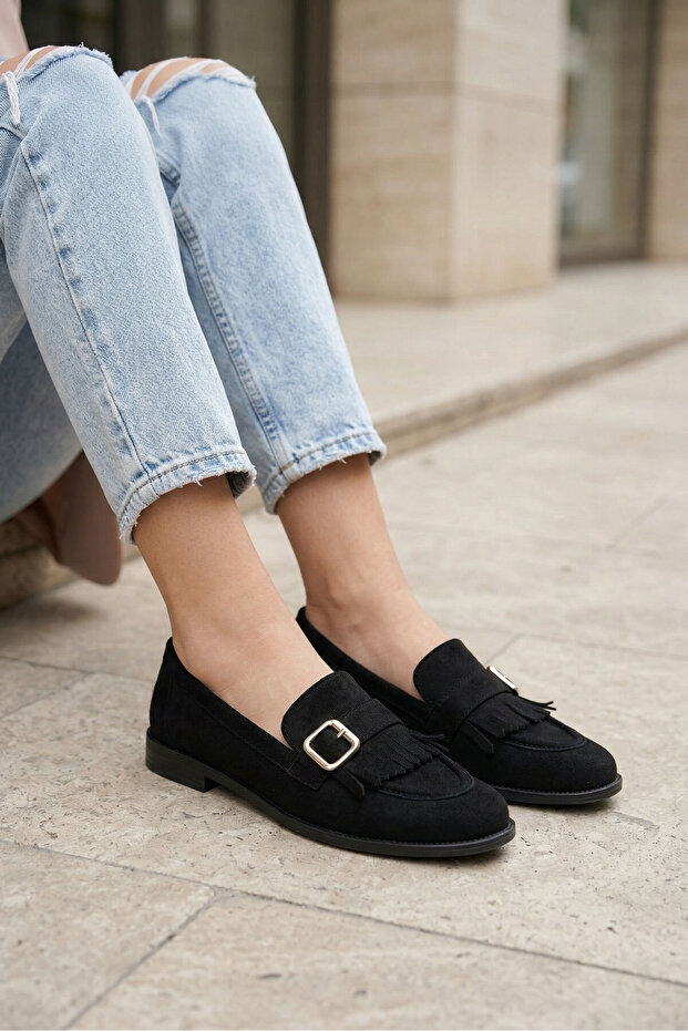 Black Suede Women's Loafer Shoes 21385