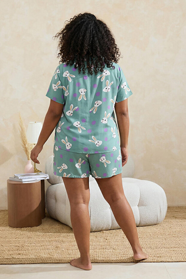 Mint Tavşan Desenli Gömlek Yaka Dokuma Pijama Takımı TBBSS24AI00072 - 3