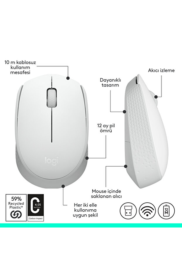 M171 USB Alıcılı Kablosuz Kompakt Mouse, Beyaz 910-006867 - 9
