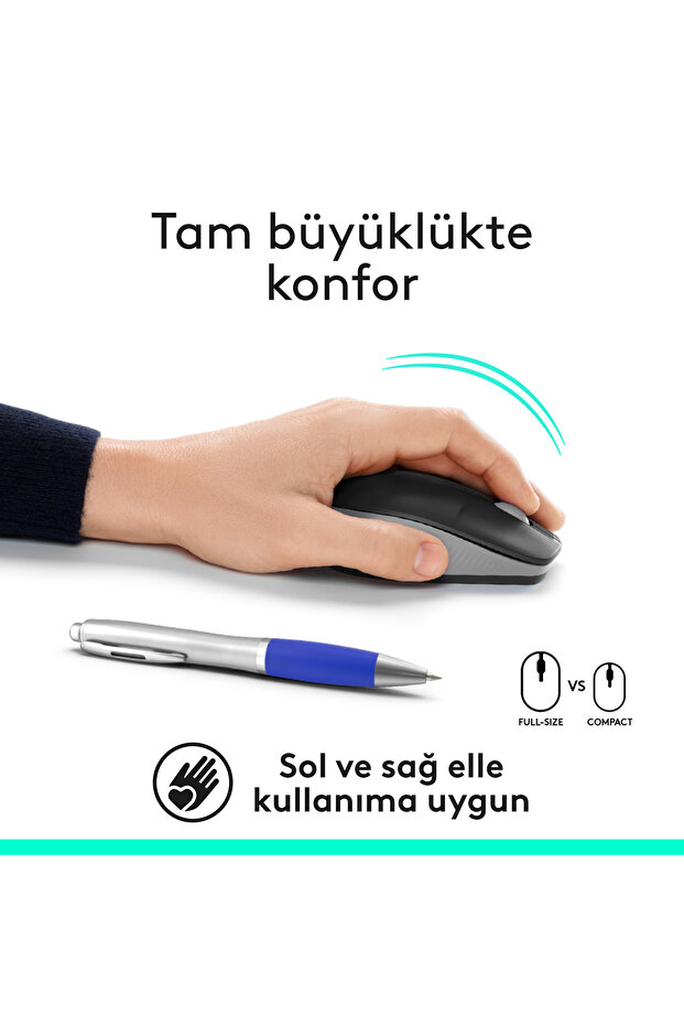 M190 Büyük Boy USB Alıcılı 1000 DPI Kablosuz Mouse, Açık Gri 910-005906 - 3