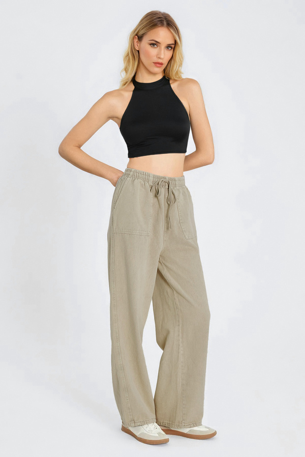 Bej Cep Detaylı Kot Görünümlü Wide Leg/Geniş Paça Dokuma Pantolon TWOSS25PL00076 - 2