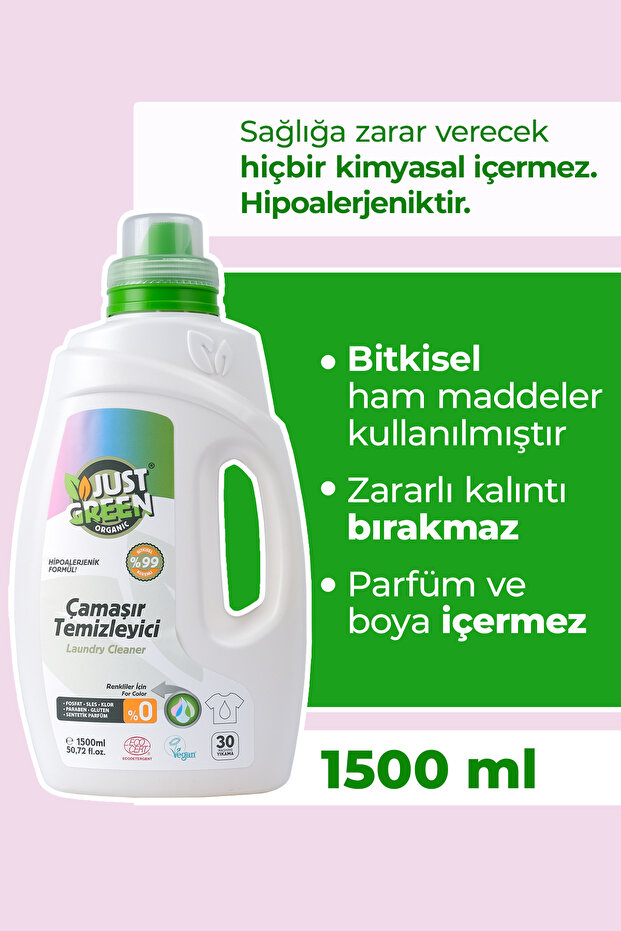 Just Green Organic Bitkisel Renkliler Için Çamaşır Deterjanı,%100 Bitkisel, Doğal Ve Güçlü Deterjan, 30 Yıkama,1500 Ml.