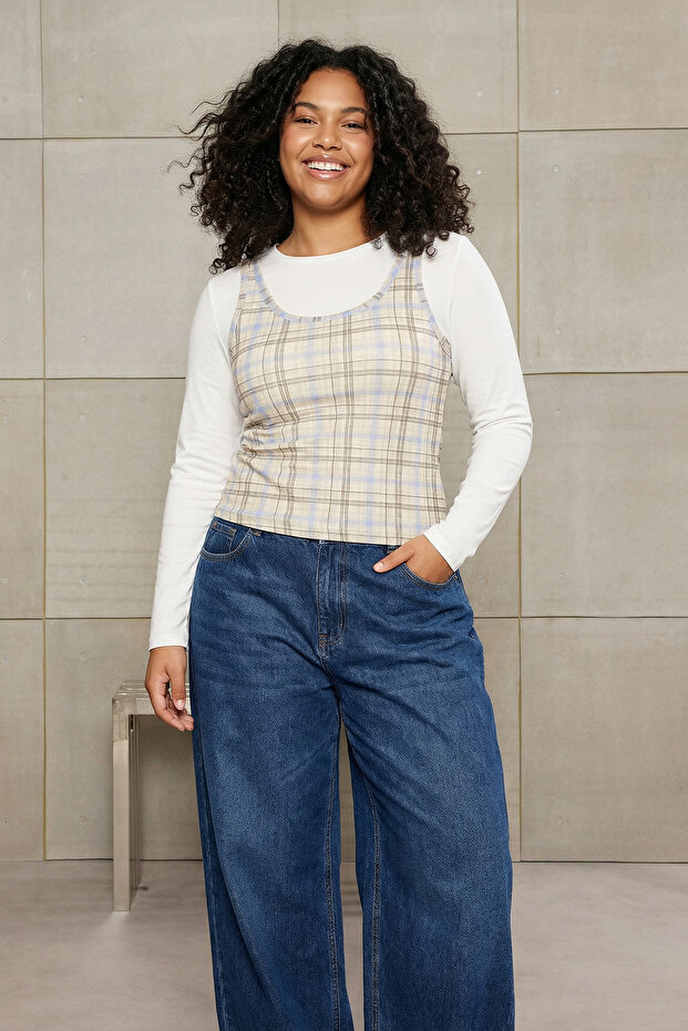 Ekru Köpük Çift Kat Örme Büyük Beden Bluz TBBSS26AF00026 - 1