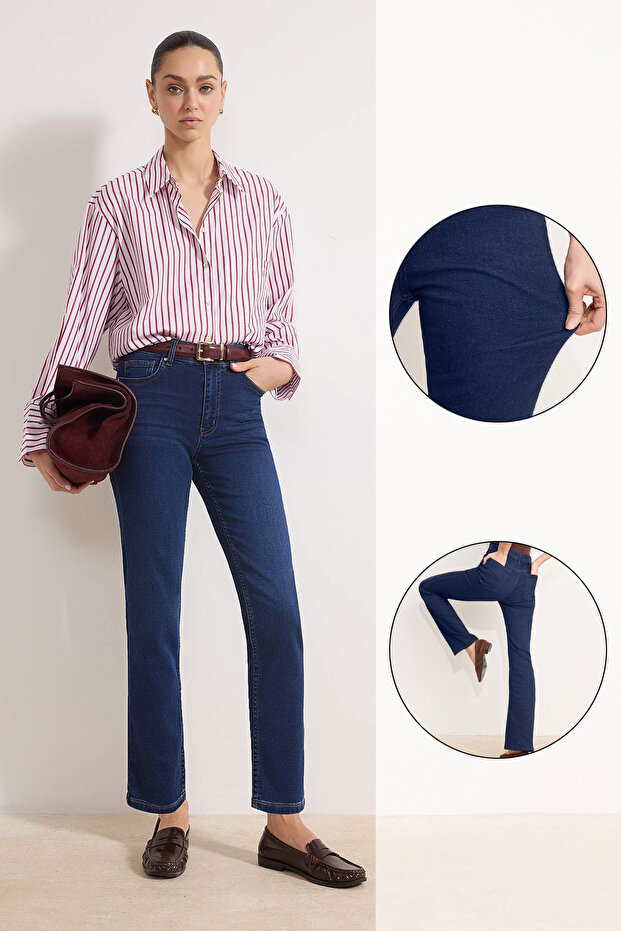 Koyu Mavi Yüksek Bel Straight Yumuşak Ekstra Esneyen Örme Kot/Jeans TWOSS26JE00104 - 1