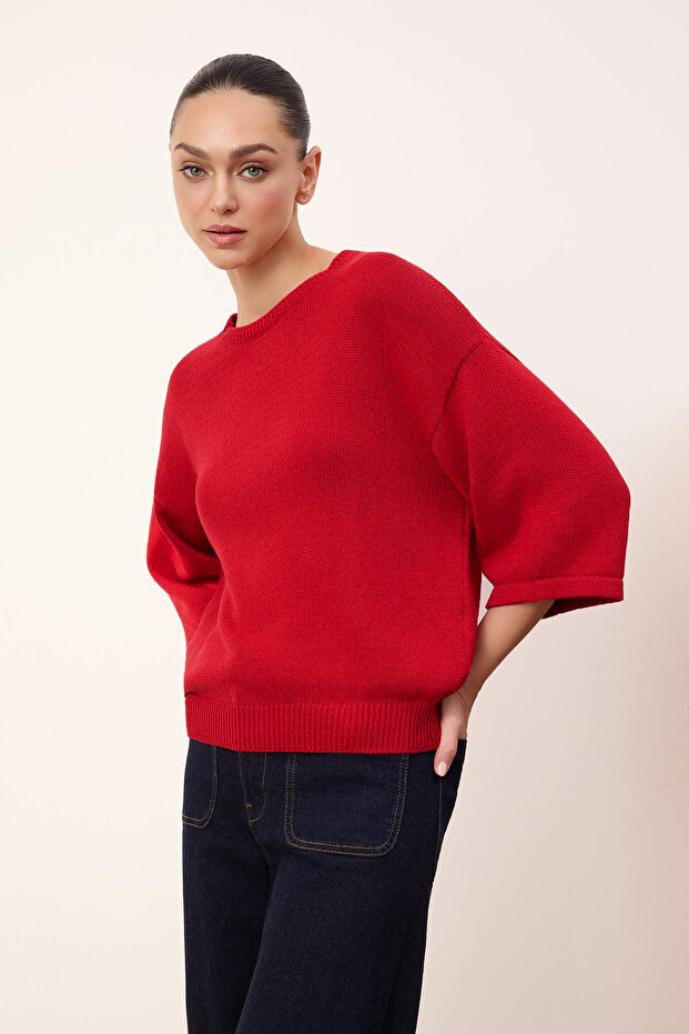 Wardrobe Essentials Kırmızı Bisiklet Yaka Triko Bluz TWOSS26BZ00136 - 3