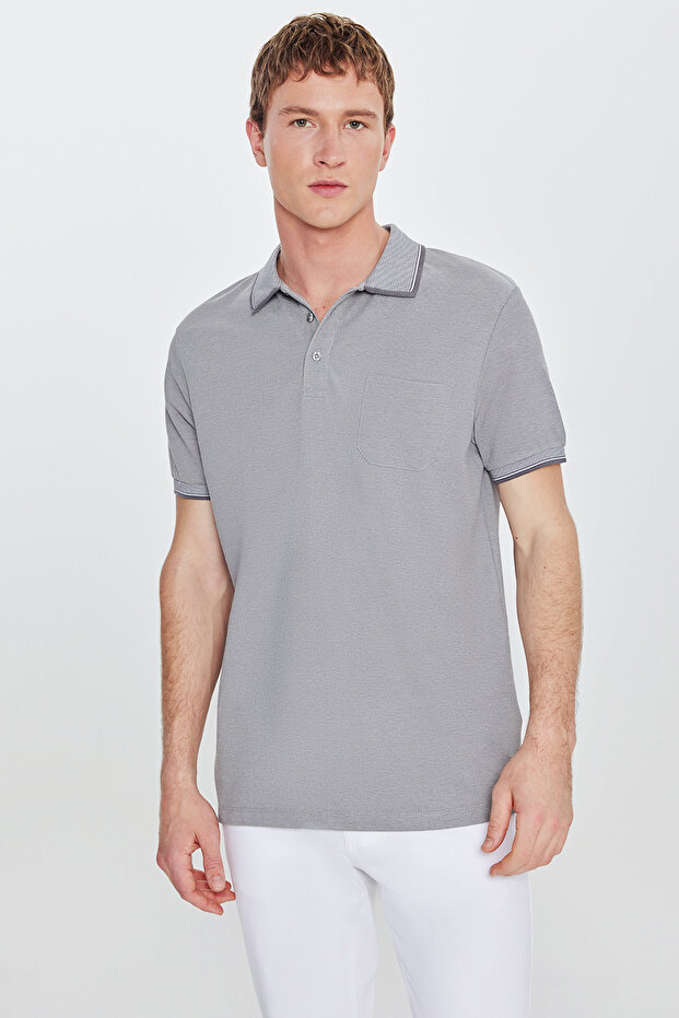 Erkek Çekmeyen Pamuklu Kumaş Regular Fit Rahat Kesim Gri Kıvrılmaz Polo Yaka Cepli Tişört - 1