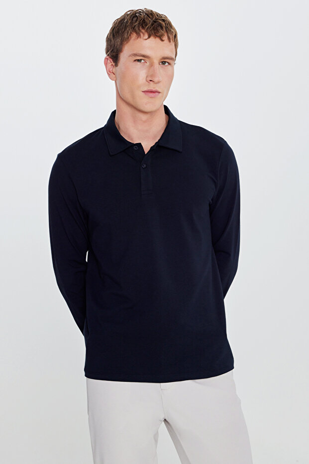 Men's Navy Blue Cotton Slim Fit Slim Fit Polo Neck Long Sleeve Stretchy T-Shirt