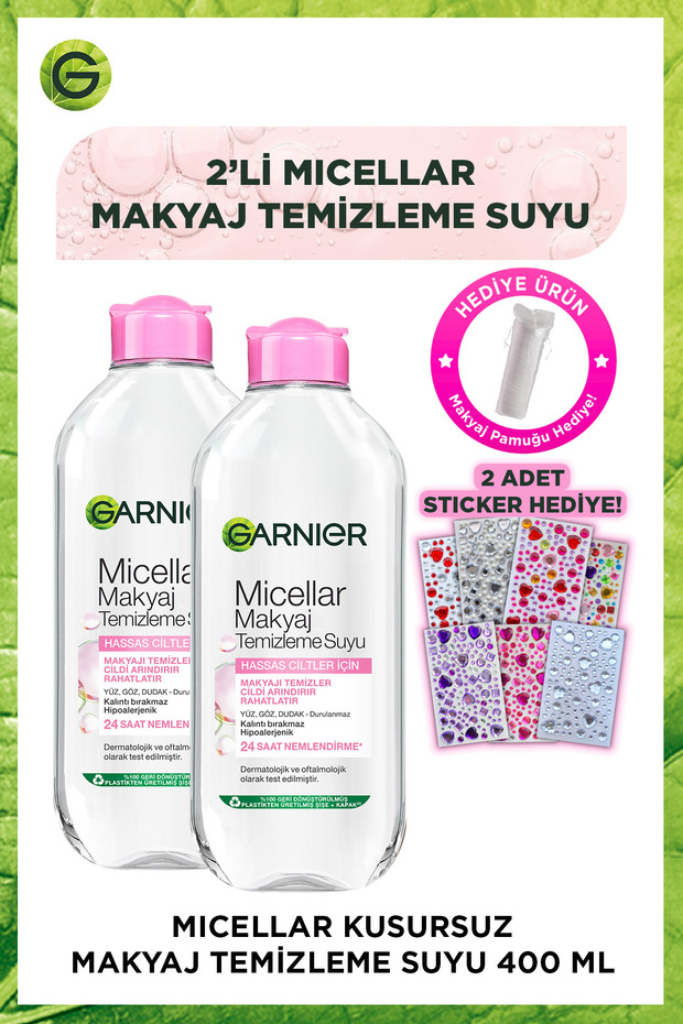 Garnier 2'li Micellar Kusursuz Makyaj Temizleme Suyu 400 Ml + Sticker + Makyaj Temizleme Pamuğu