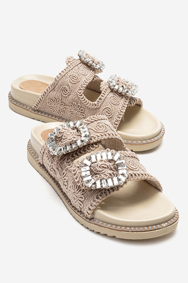Dungeon Beige Knitted Double-Strapped Stone Buckle Women's Slippers