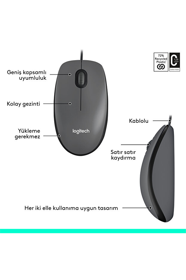 M100 Kablolu 1000 DPI USB Mouse, Siyah 910-006652 - 9