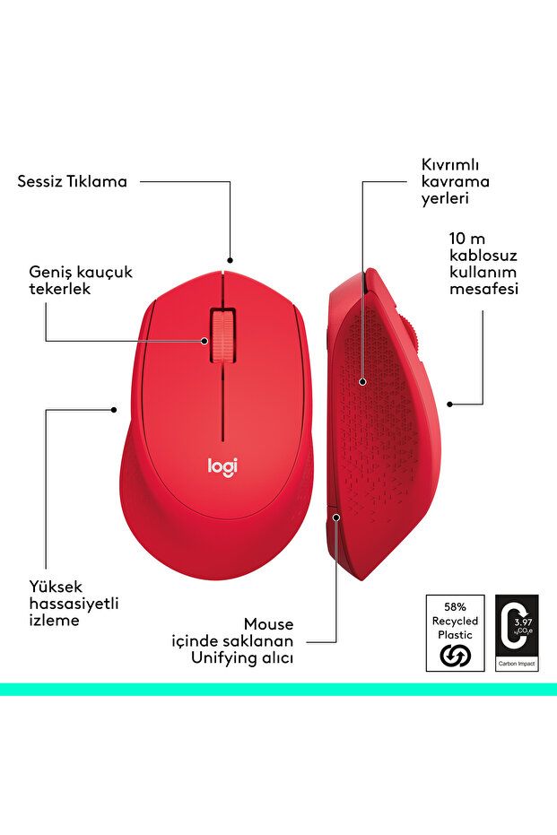 M330 Sessiz Kablosuz Optik Mouse, Kırmızı 910-004911 - 8