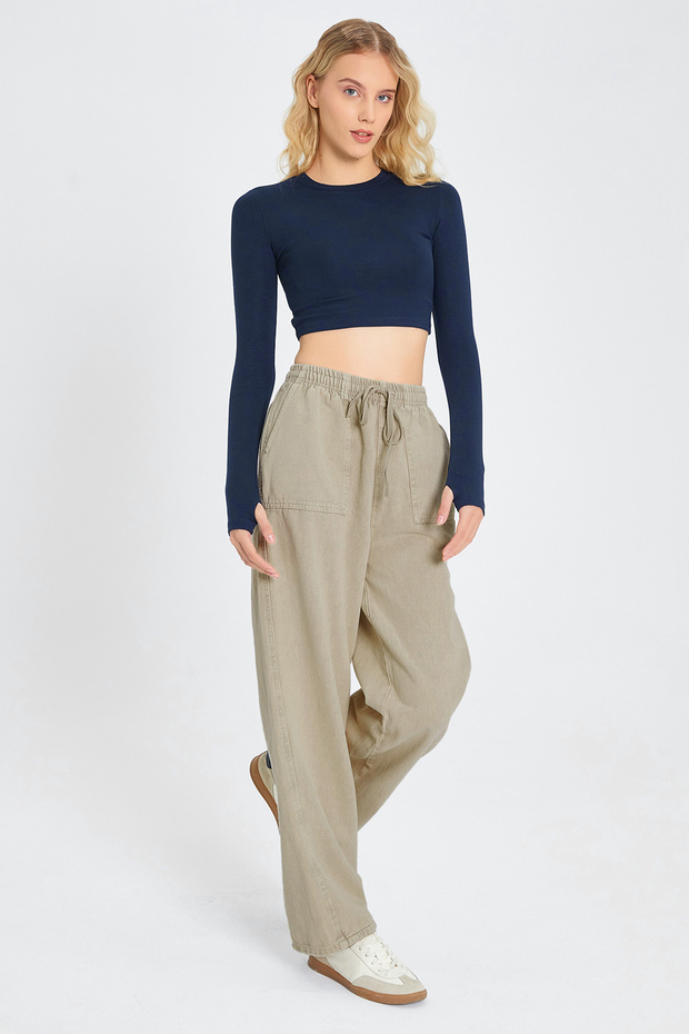 Bej Cep Detaylı Kot Görünümlü Wide Leg/Geniş Paça Dokuma Pantolon TWOSS25PL00076 - 3