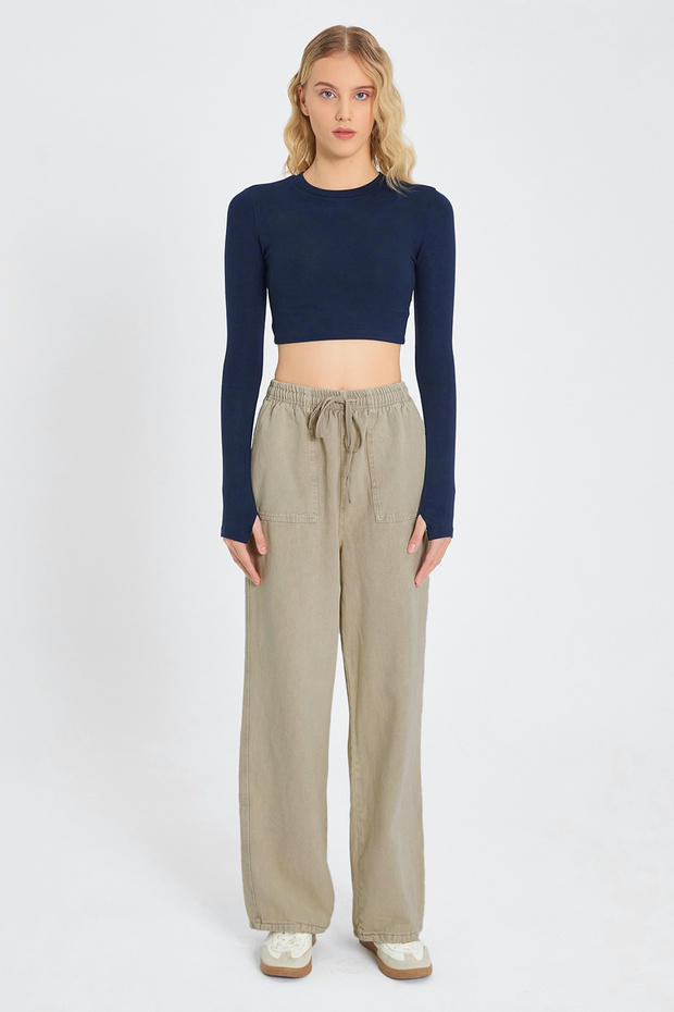 Bej Cep Detaylı Kot Görünümlü Wide Leg/Geniş Paça Dokuma Pantolon TWOSS25PL00076 - 4