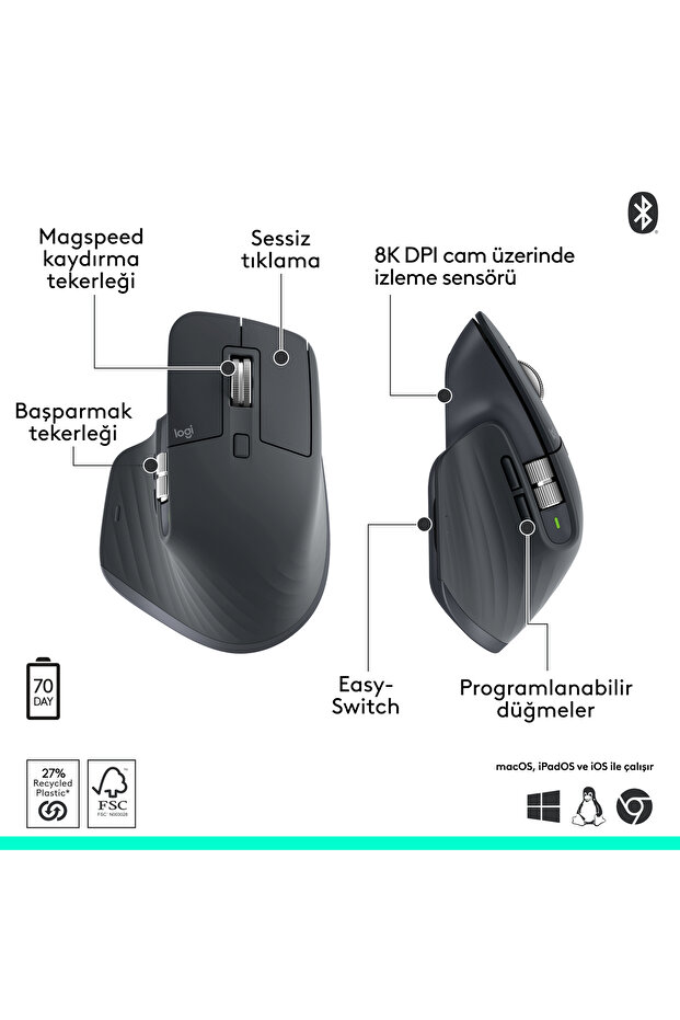 MX Master 3S Bluetooth Edition Performans 8000 DPI Optik Sessiz Kablosuz Mouse, Siyah 910-007501 - 6