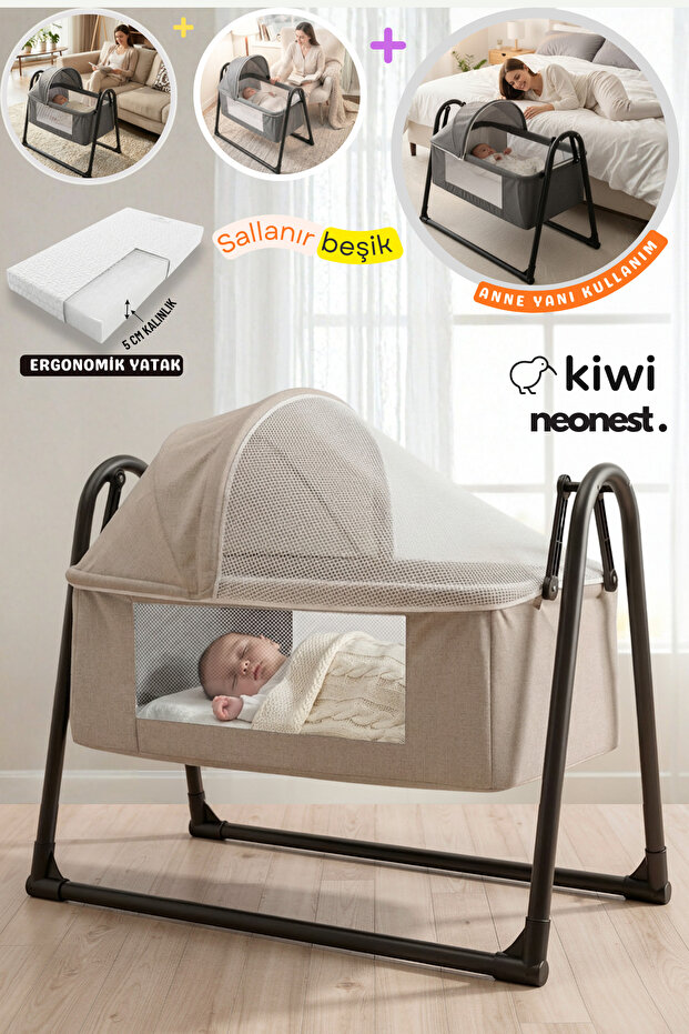 Kiwi Neonest Anne Yanı Kalın Yataklı Cibinlikli Ve Tenteli, Sallanır. Portatif Sepet Beşik Yeni Latte