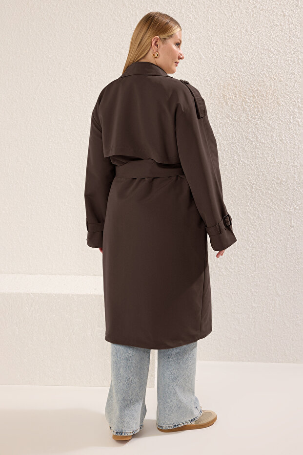 Kahverengi Uzun Oversize Büyük Beden Trençkot TBBSS25BM00002 - 8