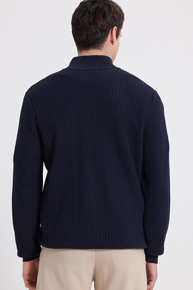 Erkek Slim Fit Dar Kesim Dik Yaka Fermuarlı Desenli Lacivert Triko Kazak - 6