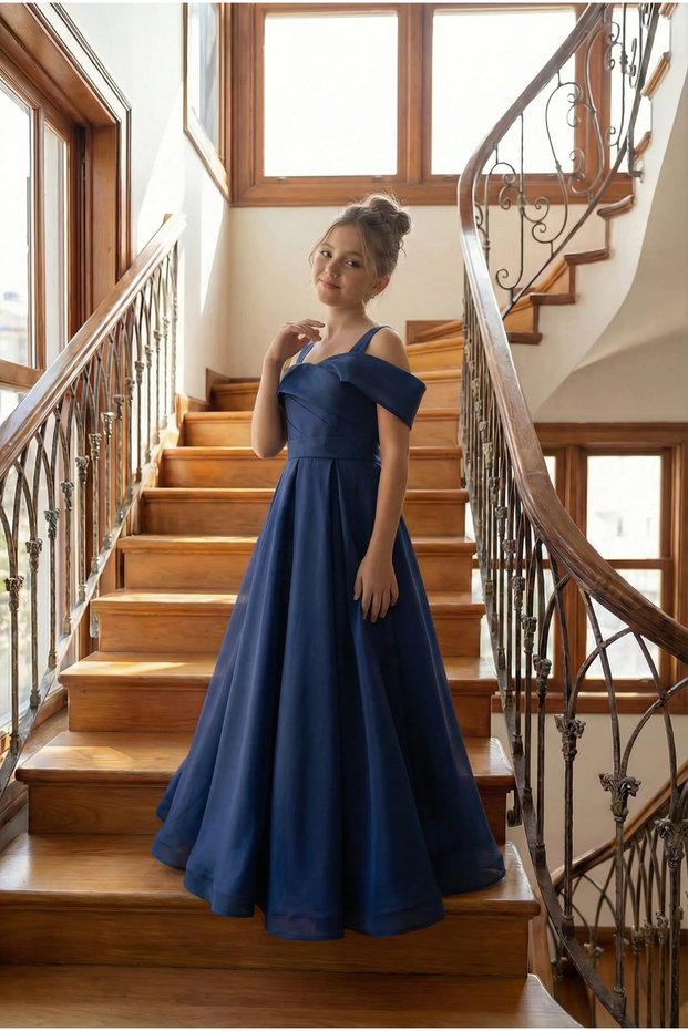 Girl's Strap Off Shoulder Detailed Chiffon Elegant and Stylish Design Princess Model Long Evening Dress 8-15
