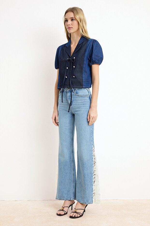 Nasiba Hafiz x Trendyol Collection Mavi Wide Leg Dantel Tencel Karışımlı Jeans TWOSS26JE00157 - 4