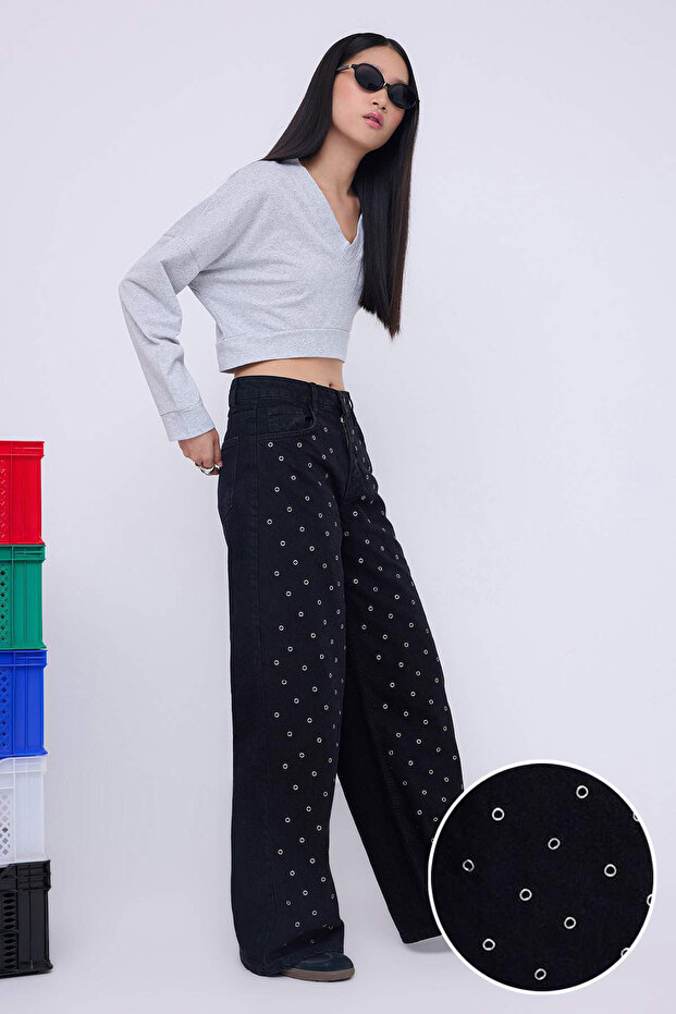 Teen Siyah Kuşgözü Detaylı Yüksek Bel Wide Leg Jeans TWOAW26JE00041 - 1