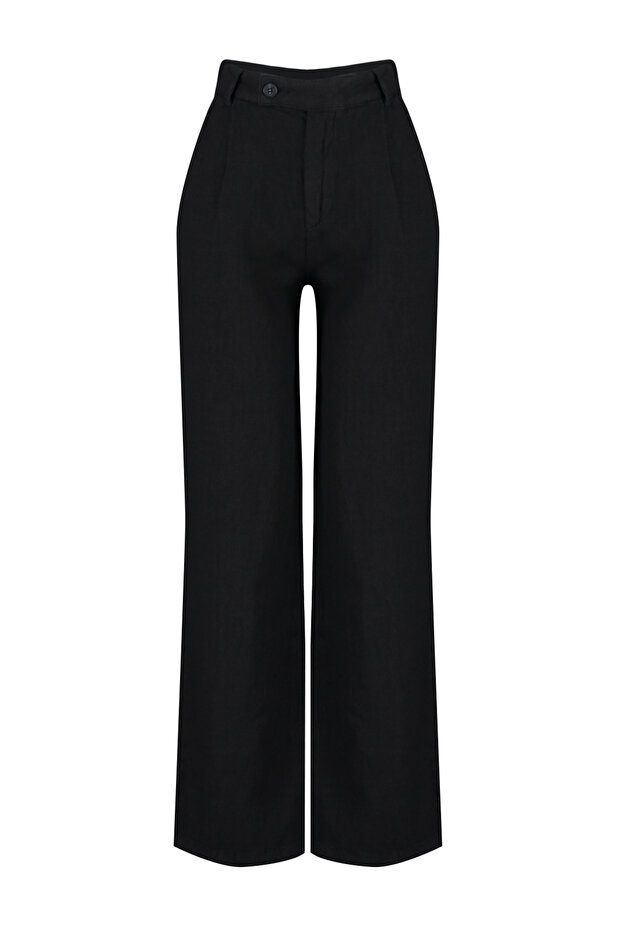 Siyah  %100 Keten Pileli Yüksek Bel Wide Leg Pantolon TWOSS26PL00050 - 5