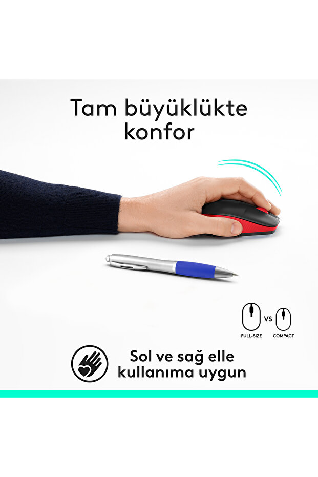 M191 Büyük Boy USB Alıcılı 1000 DPI Kablosuz Mouse, Kırmızı 910-005910 - 3