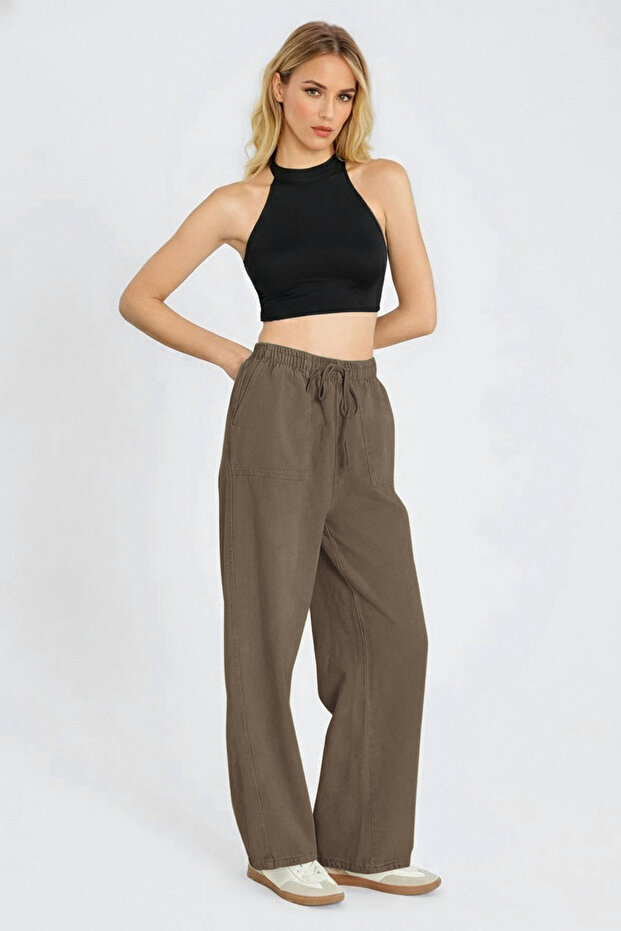 Yeşil Cep Detaylı Kot Görünümlü Wide Leg/Geniş Paça Dokuma Pantolon TWOSS25PL00076 - 1