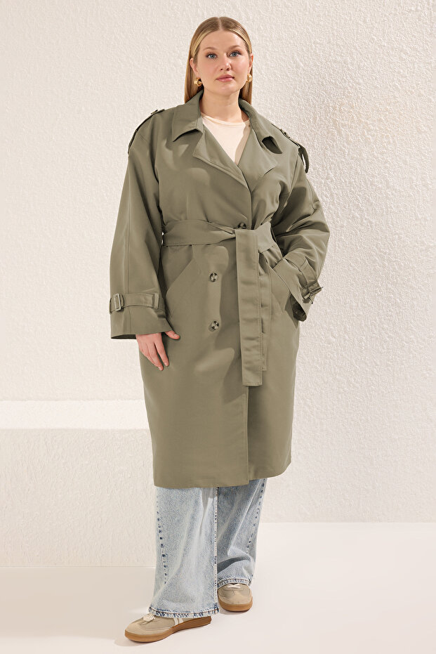 Açık Haki Uzun Oversize Büyük Beden Trençkot TBBSS25BM00002 - 4